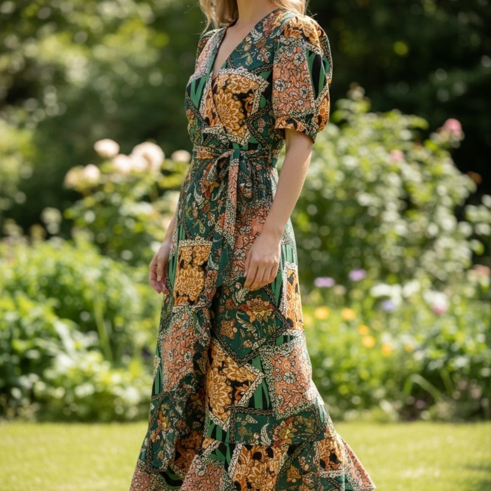 Elegant Floral Maxi Dress in Green and Orange